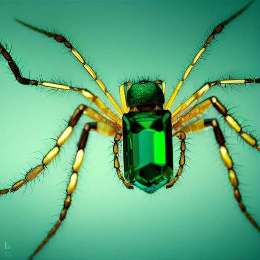 an Emerald Spider. A spider made out of emerald crystal. Beautiful, reflective, detailed, photorealistic, crystalline, slightly transparent, hyperreal, ray tracing, photo quality, aerial shot, close-up photo, emerald spider photo, high quality