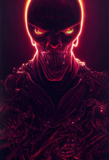 angry cybernetic demonic vampire cyborg, sanguine glowing obsidian pearlescent
