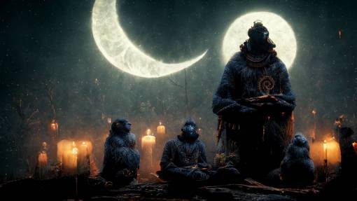 ape shamanic priest, preaching to other monkeys under the moonlight, night scene, realistic, octane render, unreal engine, 8k, dramatic lighting,