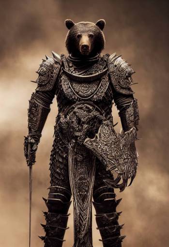 bear warrior ultra realistic details + hyper real + unreal engine 5 + octane render + badass black armor, carved intricate armor by H.R. Giger, beautiful portrait, full body, hd resolution, by karol bak,