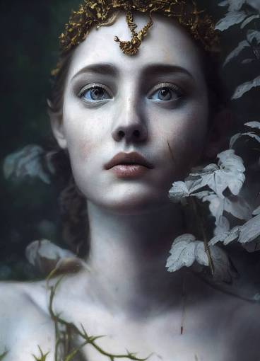 beautiful oil painting of a renaissance goddess, French forrest background, porcelain skin, big beautiful eyes, hyperdetailed, epic scale, epic composition, post processed 4k, Octane render, hyper detailed photo-realistic maximum detail, cinematic epic character, rule of thirds, painters style by Sandro Boticelli,