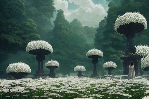 beautiful statue surrounded by white flowers in a dense forest, Beautiful architecture, Statues, Highly detailed carvings, Atmosphere, Dramatic lighting, Epic composition, Close up, Low angle, octane render, in the style of Studio Ghibli