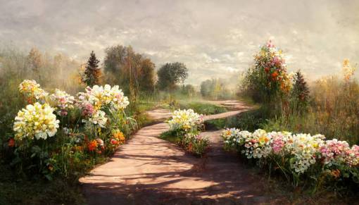 bucolic path way ,coffee and flowers, hyper realistic style, light neutrals background, colorful, dramatic lighting