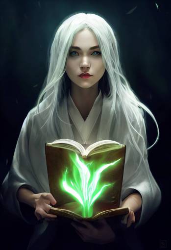 character design, white haired female mage, floating magical book, unreal engine, green robe, lights, photorealistic,