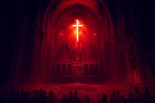 church of Lilith, in the middle of inferno hell, symmetrical portrait, stunning godly symmetrical dramatic epic evil picture, dark environment, cinematic, high resolution, 3D, volumetric lighting, octane render, arnold render, 8k,
