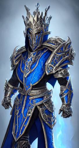 concept art, full body portrait of king sorcerers, ornate, Blue and silver, armor, robes, Hyperrealistic, 4K, Unreal Engine, Highly Detailed, Dramatic Lighting