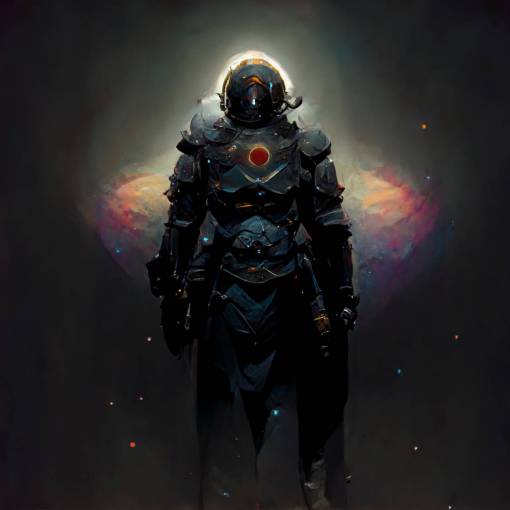 Cosmic solider standing in umbral light with matte dark armor