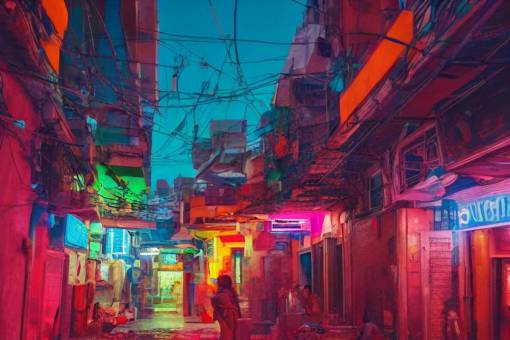 cyberpunk Morocco street,  35mm lens, beautiful panoramic imagery, vibrantly lush neon lighting, beautiful volumetric-lighting-style atmosphere, a futuristic atmosphere, intricate, ultra detailed, photorealistic imagery, trending on artstation, 4k, 8k