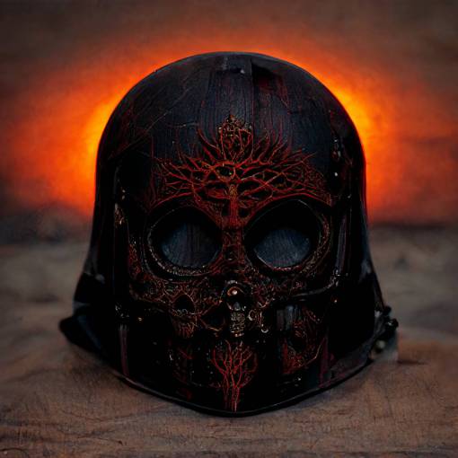 Dark Lord Helm, HD, Photo Realistic, intricately carved, black metal, red sunset, 4k