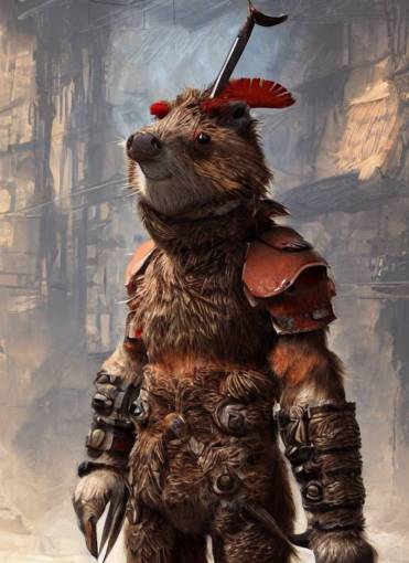 detailed full body concept art illustration, oil painting on canvas of an anthropomorphic capybara barbarian in full intricate clothing, biomutant, dystopian, micro detail, octane render, 4K