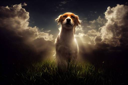 dog comming to dog heaven, green grass and low clouds, dog angels everywhere, god rays, photo realistic, hyper realistic, cinematic, 8k textures,