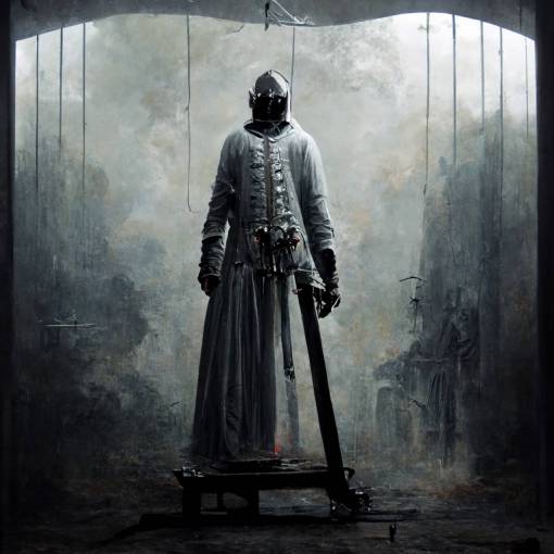 executioner with cyber hands standing next to a guillotine like during the French Revolution. Dark, hyperrealistic style.