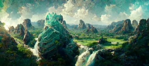 expansive ancient mountains, Vibrant Emerald Pearlescent, Crystalline Rock Formations, Cascading Water, Massive Trees, Psychromvoluence, wide-angle, glass paint, overglaze, ornament, time-lapse, ray tracing, global illumination, crystalline, wide angle, expansive shot, intricate detail