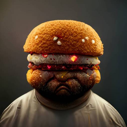 Fat man holding a burger, Photorealistic, 8k, High detail, Anger, lots of emotions
