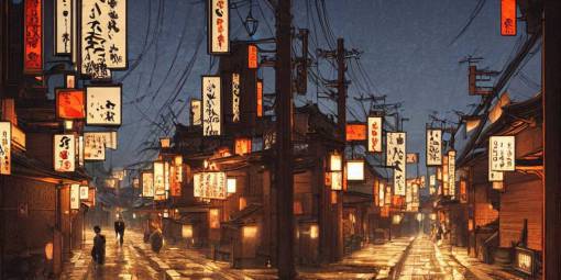 feudal japan tokyo street at night, street level, cinematic lighting, 4k, trending on artstation, low key, intricate illustration, digital art, ultra detailed, art by albert bierstadt