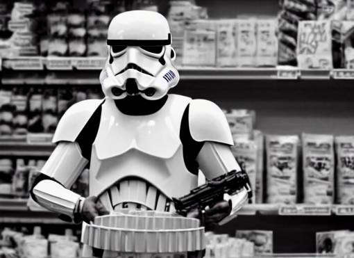 film still of a storm trooper holding a cup of coffee in a convenience store working as a clerk in a convenience store checking out a storm trooper in the new Star Wars movie, 4k, black and white