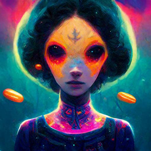 floating in space, girl connected with energy bolts from multiple alien entities, psychedelic art