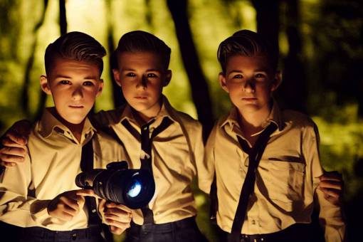 full length stunning photo of three ten year old 1940's american boys, facing camera, standing together, aiming a flashlight at the camera, Night with a dark blue forest behind them, looking directly at camera, cinematic, high contrast, photorealistic, hyper-realistic, panavision, colour, 50mm lens, kodak, spooky, camera low to ground, looking up, worm's eye view, scary 8K, octane render, unreal engine 5, norman rockwell, HDR, resident evil, ultra realistic, highly detailed, dramatic atmosphere, contemporary