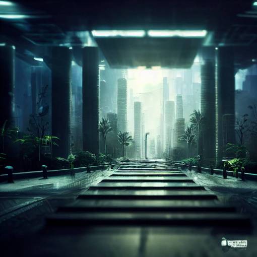futuristic cyberpunk city with forest and plants growing everywhere, lots of people walking outdoors, spaceships flying above, beautiful indirect lighting, sunrise, photorealistic, professional photography