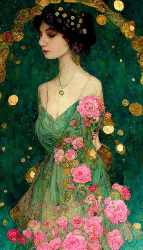 girl in emerald dress, pink roses, diamonds, sparkles, gold, klimt, almphonse mucha, velvet,