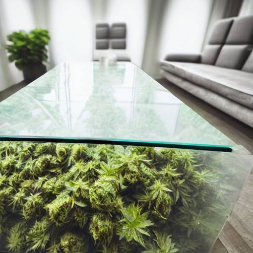 glass table covered in weed, global illumination, 4k, high details, sharp