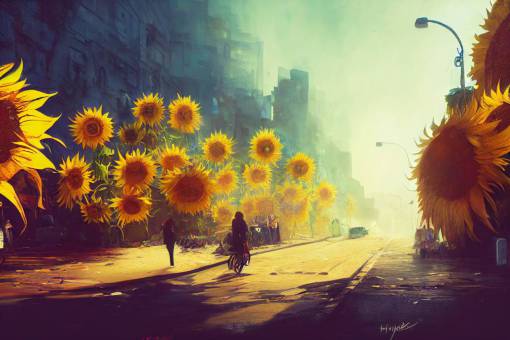 graffiti, street themes, realistic, detailed, abandon street Ukraine, sunflowers, 4K, environment concept art, cinematic lighting