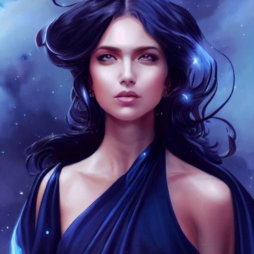 Greek Goddess of the Galaxy with dark hair, black dress, portrait, fair skin, blue eyes, nebulas, in the style of artgerm, artstation, 3/4 view, character concept, High detail, realistic