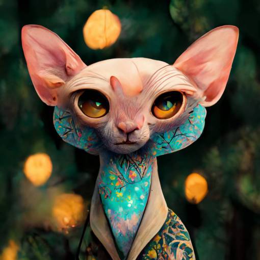 hairless cat covered in disney tattoos, elegant, ornate, luxury, fantasy, cinematic lighting, colorful, bright hues, elite, enhanced, in a forest of pine trees, small clearing