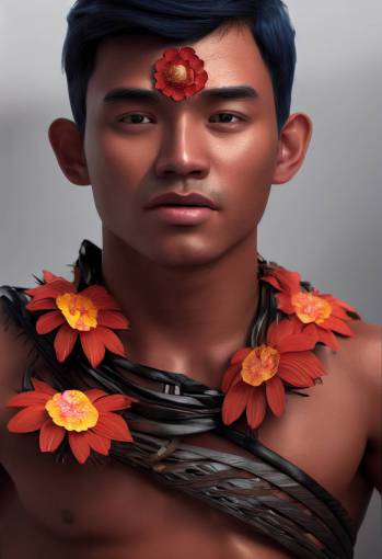 handsome Indonesian young man Ferdinagus, with dark skin and black eyes, short pointy blue hair, wearing Balinese traditional clothes and a red flower behind the ear + Render Face + Render Body + Render Arms + Render Hands + Render Fingers + Render Legs + Render Feet + Render Toes + High Resolution + Unreal Engine + Octane Render + Ultra High Detail