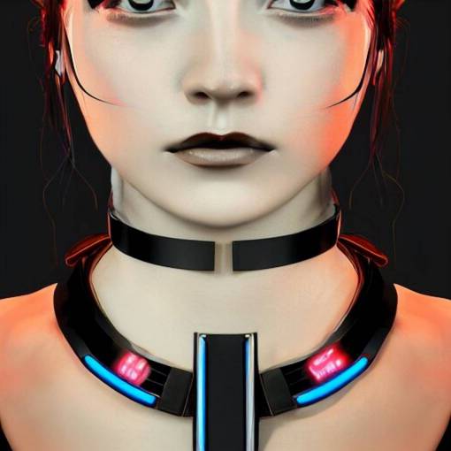 headshot artwork of a cyberpunk woman wearing thick steel choker around neck, 4K, detailed face, collar on neck, realistic, artstation, neon,