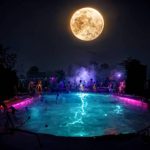 high definition fantasy zombie pool party full moon night with lightning 8k
