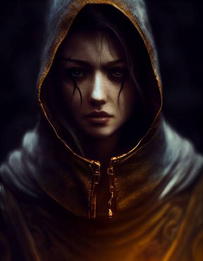 hooded woman in fantasy style, extreme detail, 8k, photo, photorrealism, dramatic lighting, ultra-detailed, octane render, cinematic lighting, micro details, details,