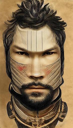 hyper realistic full body portrait of a stunning blindfolded swordsman, anatomically correct face, smirk on the lips, anatomically correct body, anatomically correct hands, symmetrical eyes, short hair, wandering samurai armour, Japanese Realism, intricate details, dangerous, powerful but discreete attire, lath art, intarsia details, scrimshaw details, luxurious, ultra quality, perfection, hyperdetailed, punk, villaincore, eerie, 4k, 8k,