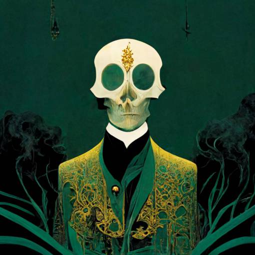 in the style of eyvind earle In a dark alchemical lab, a skeleton with a floating skull with gold inlays emeralds in the sockets, wearing a top hat and a long green damask frak with black and gold inserts. Puffs of smoke come from the skull as he speaks.