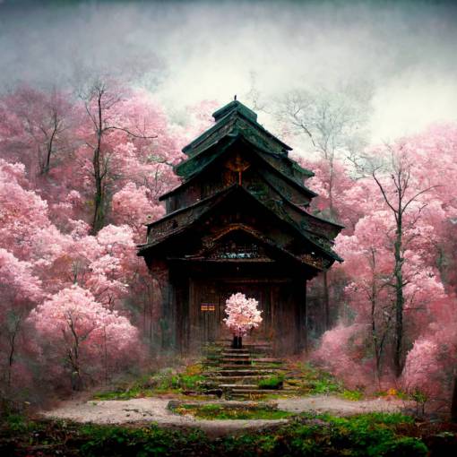 japanese temple in ancient forest cherry blossom surreal