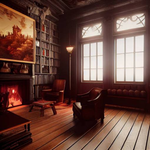 library, fireplace, leather armchair, unreal engine, realistic, 8k, portrait, extremely detailed, cozy lighting, maximalist, fantasy tavern, wooden interior, hd,