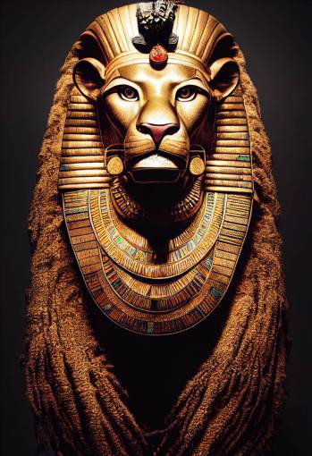 Lion King as Tutankhamun ,angry face, hyper realistic anger , portrait, beautiful figure, cinematic lighting, Photorealism, Bokeh blur, High detail, Sony Alpha ?7, ISO1900