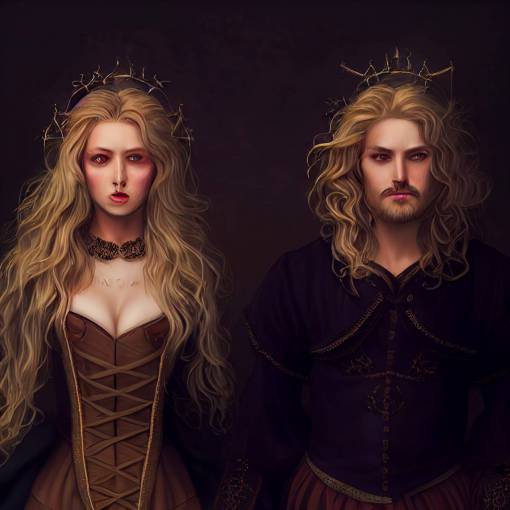 lovers, female long blonde hair+male brown medium-length hair, medival clothes, medival town, night, both smiling, hyper realistic, soft shader, 8k render, fantasy, character design, gothic, symmetrical composition, full body shot+zoomed out