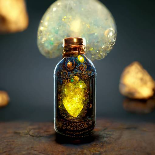 magic potion bottle, golden stones, rpg, unreal engine render