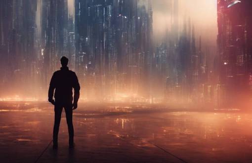 man in front of a foggy view of cyberpunk style future city, a hyper realistic professional photographic view,very beautiful scenery, very realistic painting effect, hd, hdr, cinematic 4k wallpaper, 8k, ultra detailed, high resolution,