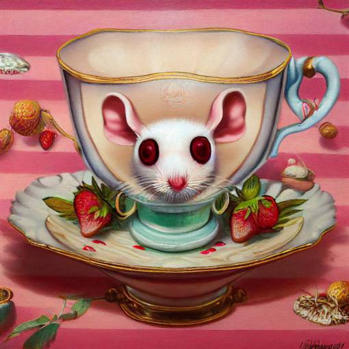 Mark Ryden style oil painting albino mouse standing on hind legs looking into a pink teacup vintage tablecloth strawberries cherries mushrooms candy land peppermint swirls stripes aqua pink green rosebuds