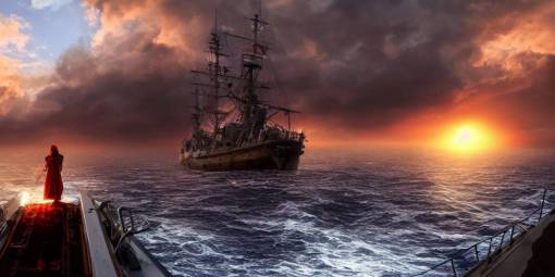 medieval woman ship pilot from behind standing at the bow of a ship at sea, dramatic golden neon sunset with thick wall of storm clouds, dynamic lighting, hyperrealistic, HD 4k, artstation