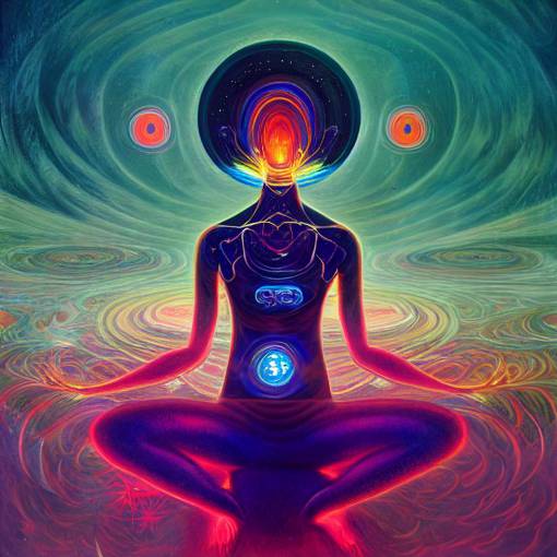 meditating girl receiving energy streams from multiple alien entities, psychedelic art