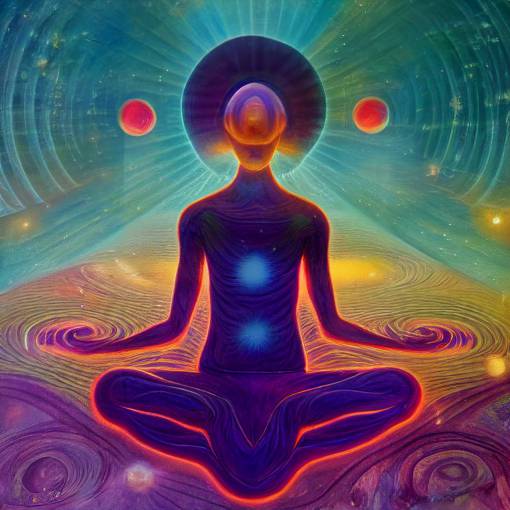 meditating girl receiving energy streams from multiple alien entities, psychedelic art