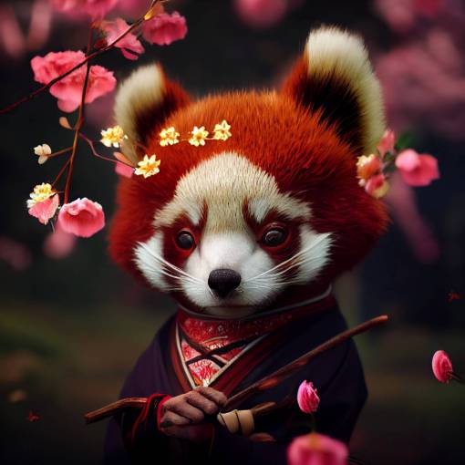 Octane Render, Cute, Anthropomorphic Red Panda, in traditional Samurai Clothing, Adorable, Cherry Blossoms blooming, Spring, Grass, Leaves blowing, Stoic, 4k, epic detailed, Unreal Engine,
