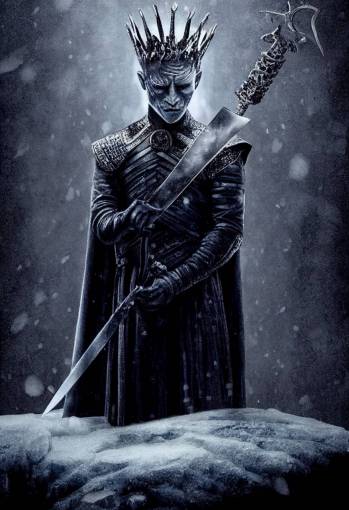 Photograph of the crown-headed night king from game of thrones holding a ice-edged dagger, winter fell in the background, very detailed character, crown encrusted with icy diamonds, cinematic, epic lighting, piece of art