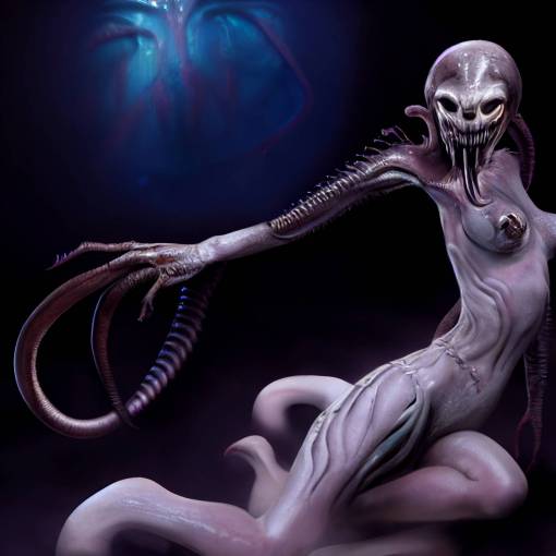 Photorealistic hyperdetailed dystopian vision of a beautiful, grotesque, alluring eldritch, cosmic ethereal, satanic female xenomorph/predator Lovecraftian angel hybrid creature with glistening wet, eerily glowing pale skin.. 8K3D, 32 K Resolution, hyperdetailed claymation digital concept art by Michael Whelan, Guerlmo Del Toro, Zawadski and Lisa Frank.