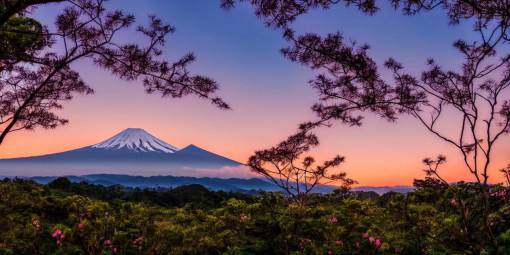 pink sunset mt fuji, eucalyptus trees, tropical forest in the background with mountains, hilly meadows with flowers, the moon in the sky, cinematic lighting, hd 4k photo