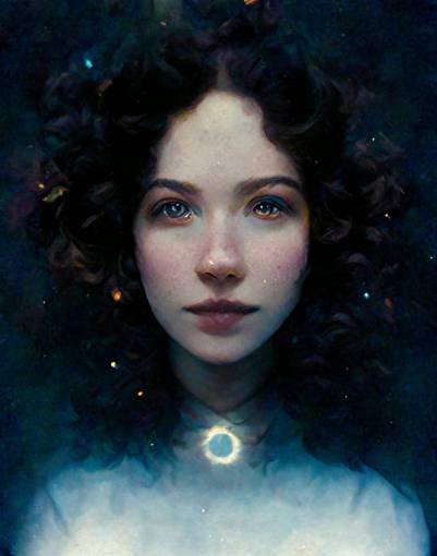 portrait of a beautiful young woman with curly violet hair and blue eyes looking forward and slightly down, pale skin, smiling, holding an eclipse in her outstretched right hand, photographed by Annie Leibovitz, hyper-realistic, beautiful symmetrical face, beautifully proportioned face, nebulae in background,