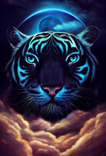 portrait of a black tiger with blue eyes, stepping out of clouds, mystical, featured on deviantart, psychedelic art, behance hd, digital painting, aurora, sky, stars, moon--testp